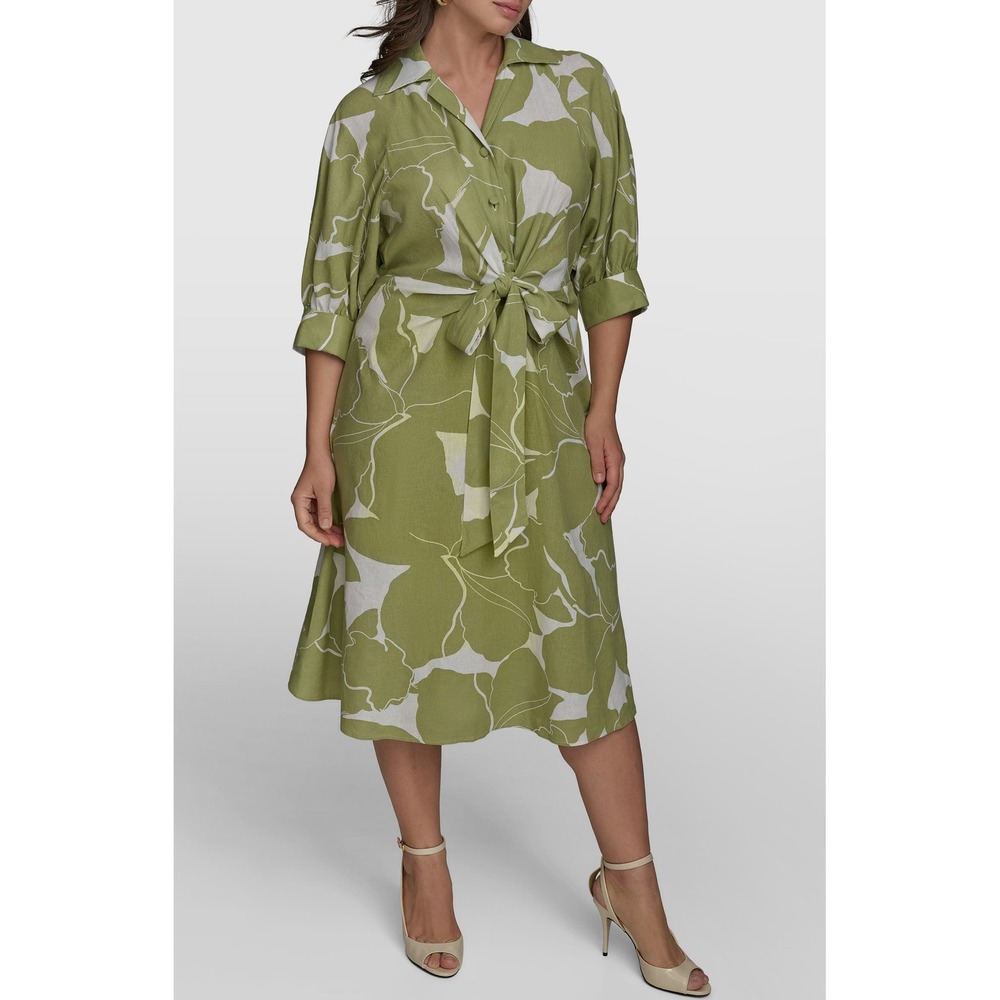 Donna Karan New York Green Floral Tie Front Shirt Dress 22W Plus Size New